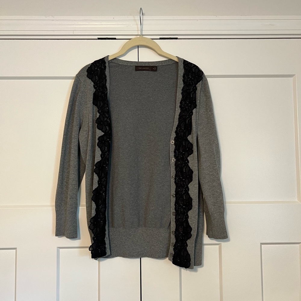 Gray Cardigan with Black Lace Trim